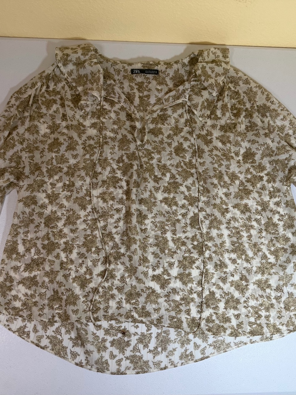 Zara Women's Sheer Floral Peasant Blouse Cream & Brown Long Sleeve Size Large - Picture 2 of 6